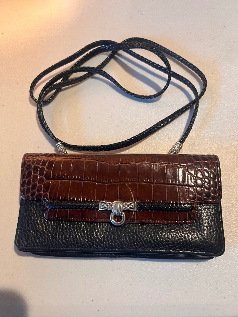 Brighton Vintage Black Leather with Brown Croc Embossed Leather Clutch Wallet